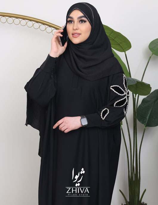 مانتو عبایی ترنج جواهردوزی گل مخمل مشكی