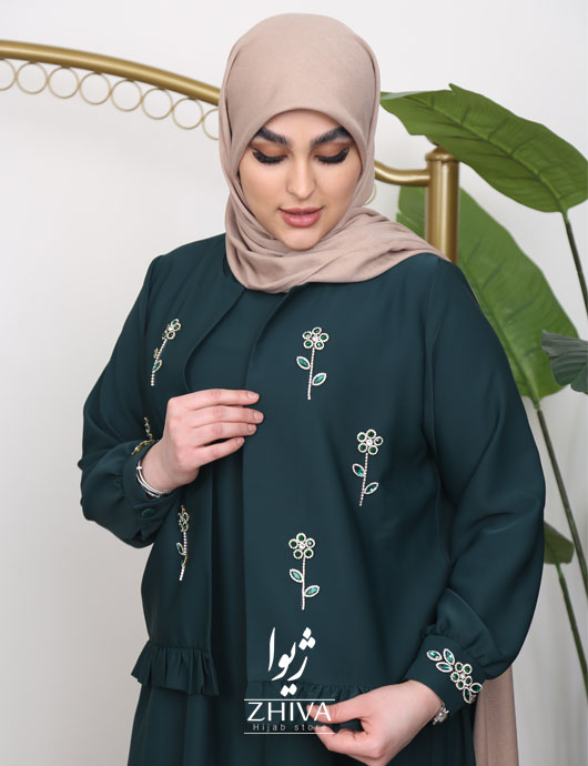 مانتو عبایی كت و سارافون آذين جواهردوزی گل ريز سبز
