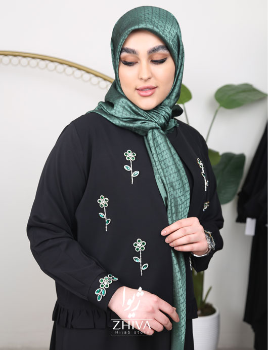 مانتو عبایی كت و سارافون آذين جواهردوزی گل ريز مشكی