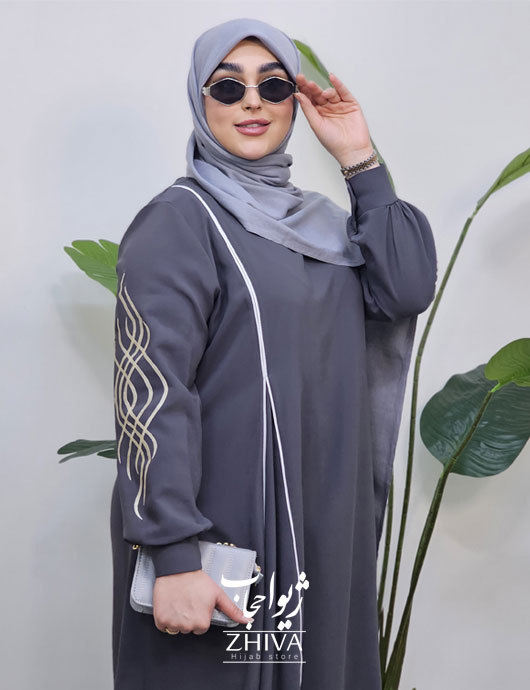 مانتو عبایی ترنم گلدوزی طوسی