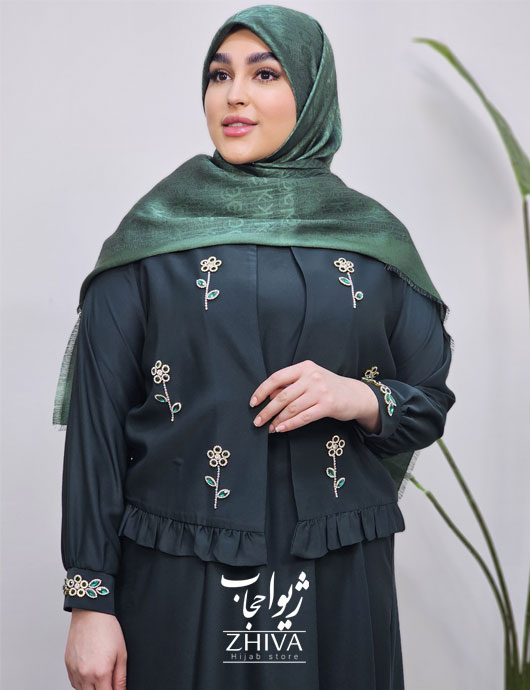 مانتو عبایی كت و سارافون آذين جواهردوزی گل ريز سبز