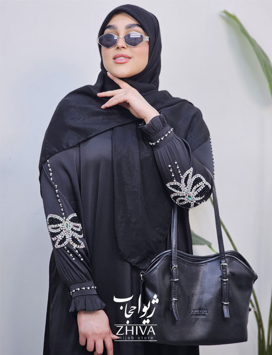 عبا پاپيون جواهردوزی ساتن جوليا مشكی