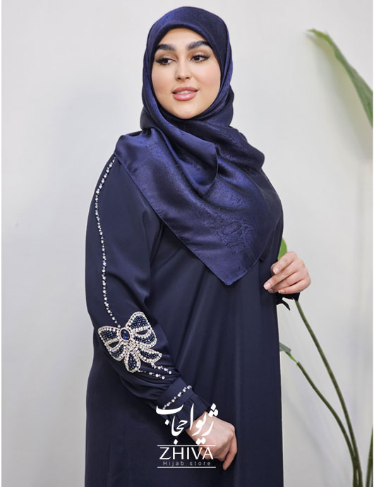 عبا پاپيون جواهردوزی ساتن جوليا سرمه ای	
