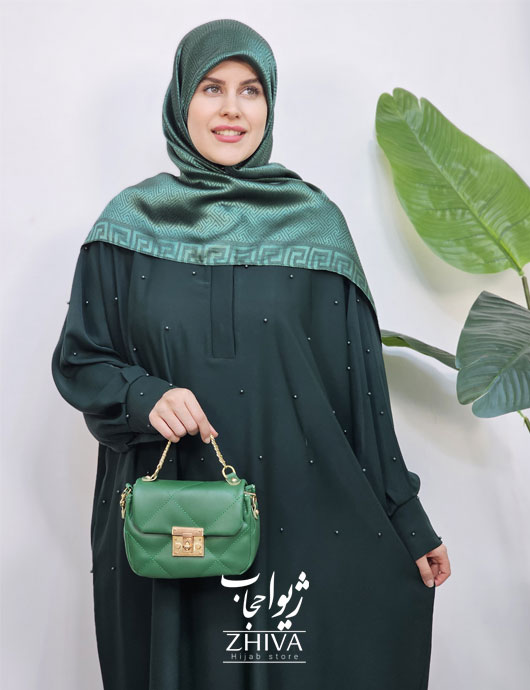 مانتو عبایی ترنچ مرواریدی سبز