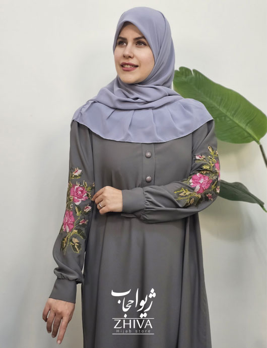 مانتو عبایی ساره گلدوزی طوسی