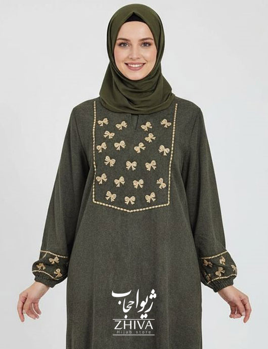 عبا پاپيون گلدوزی و جيب دار سبز حنايی