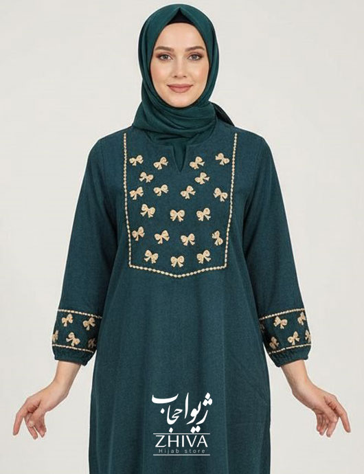 عبا پاپيون گلدوزی و جيب دار سبز