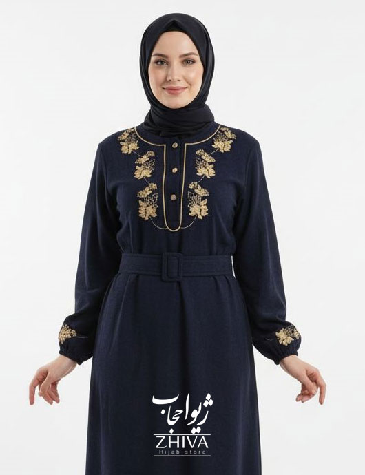 عبا گلدوزی برگ كمربنددار سرمه ای