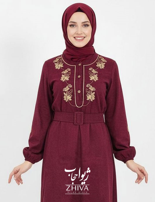مانتو عبایی مخمل كبريتی کمربنددار گلدوزی برگ