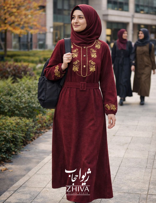 عبا گلدوزی برگ كمربنددار زرشكی