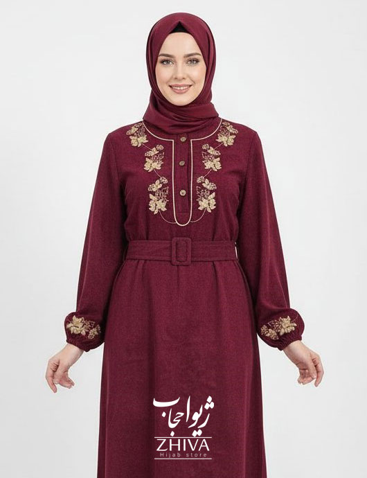 عبا گلدوزی برگ كمربنددار زرشكی