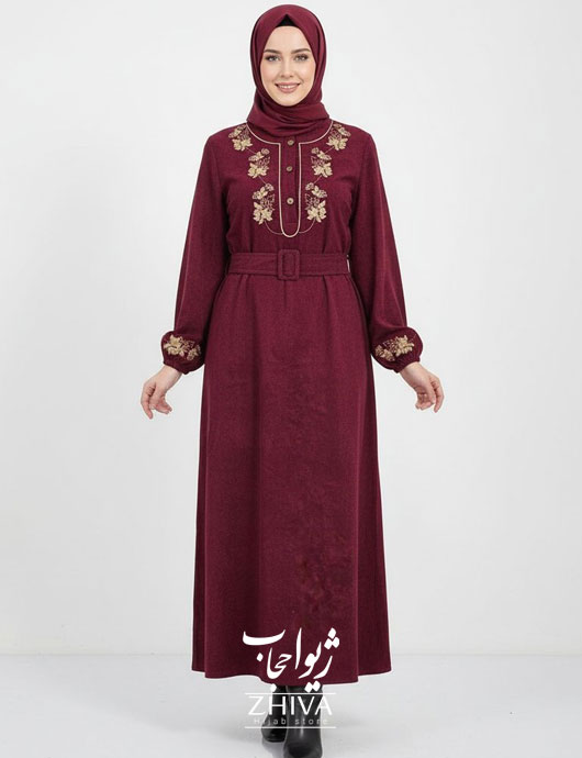 عبا گلدوزی برگ كمربنددار زرشكی