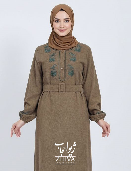عبا گلدوزی برگ كمربنددار خاكی