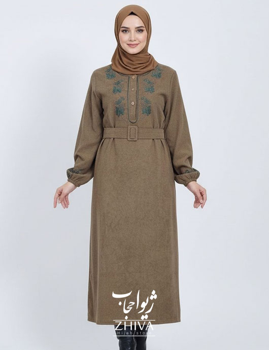 عبا گلدوزی برگ كمربنددار خاكی