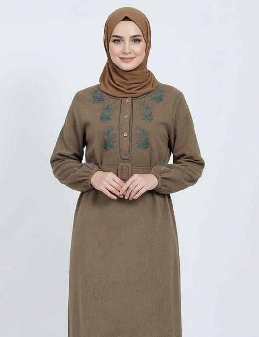 عبا گلدوزی برگ كمربنددار خاكی