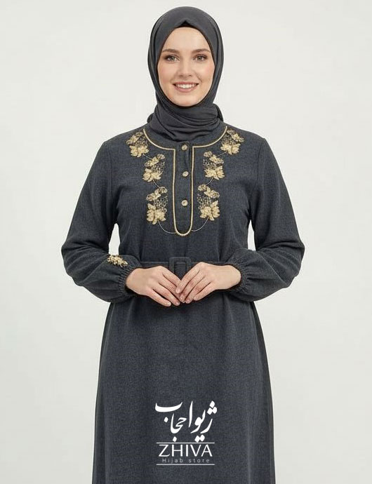 عبا گلدوزی برگ كمربنددار طوسی