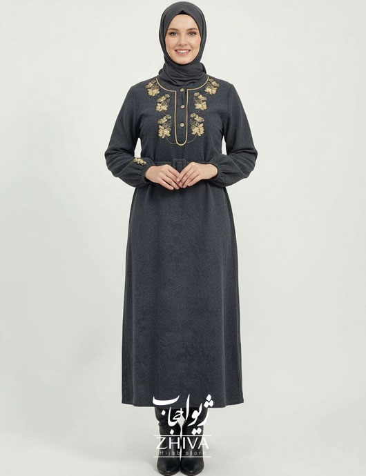 عبا گلدوزی برگ كمربنددار طوسی