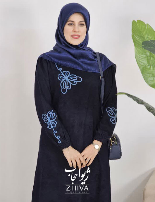 عبای مخمل کبریتی كمربند دار پروانه قیطون سرمه ای كد 4