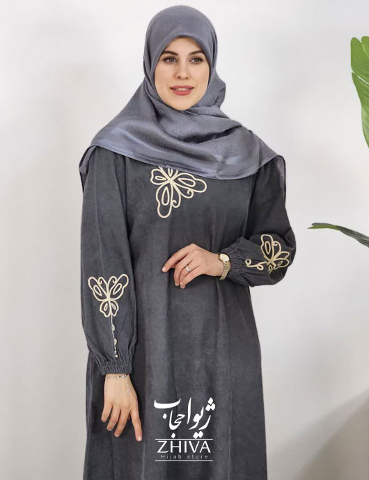عبای مخمل کبریتی كمربند دار پروانه قیطون طوسی كد 2