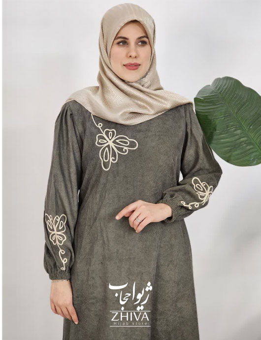 عبای مخمل کبریتی كمربند دار پروانه قیطون طوسی سبز كد 6