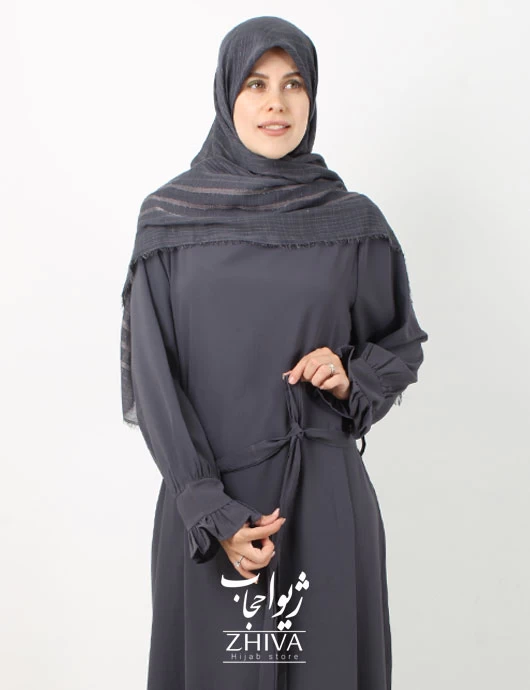 مانتو عبایی ابر و‌ بادی ساده كمربند دار خاكستری
