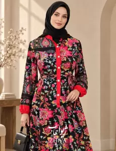 پيراهن ساحلی سه طبقه چين جلو دكمه فلور